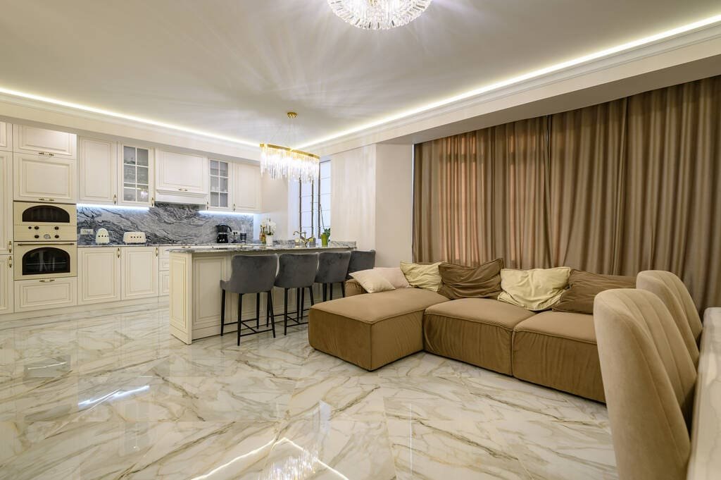 classic kitchen island cozy brown sofa pillows studio apartment warm